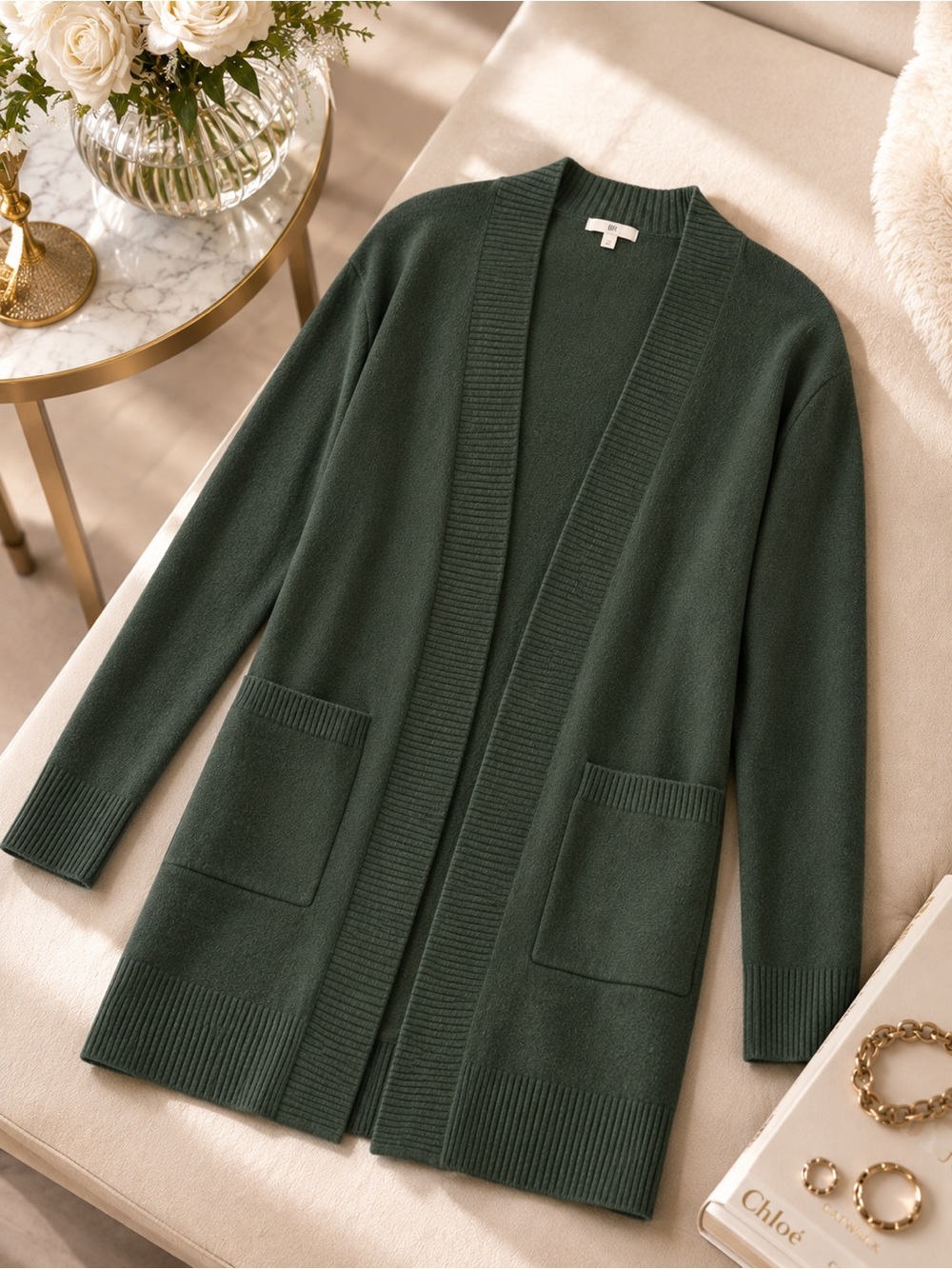bp Dark Green Open-Front Pocket Cardigan